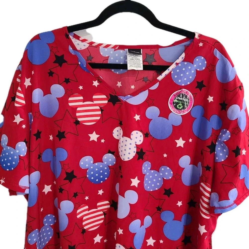Disney  Mickey Mouse Red, White & Blue Scrub Top 3XL STRETCH PATRIOTIC 3‎ POCKET